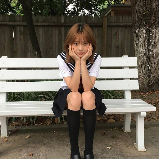 Asian Girl in Sailor Uniform Sitting on White Bench
