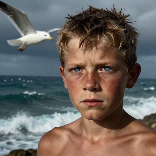 Photograph of a young, shirtless boy with tousled blonde hair, blue eyes, and freckles, standing by the ocean with waves crashing