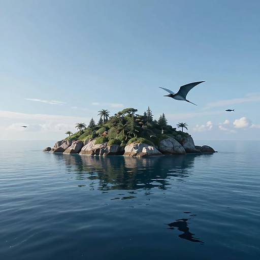 Photorealistic CGI of a small, lush island with palm trees, surrounded by calm blue water, and two seabirds flying overhead.