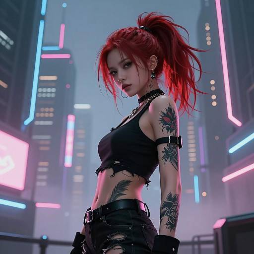 Confident Cyberpunk Woman in Neon City