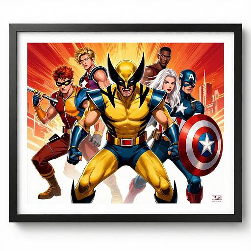 Comic-style illustration of six superheroes, including a muscular yellow-clad Wolverine-like character, Captain America with shield, and diverse teammates, in dynamic poses against