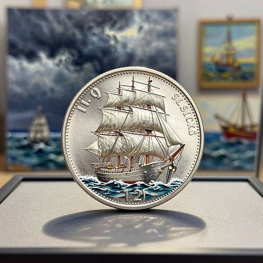 Photograph of a detailed silver coin featuring a 19th-century sailing ship, displayed on a black pedestal against a blurred maritime-themed gallery background.