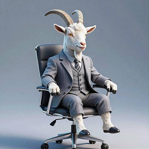 CGI image of a anthropomorphic goat in a pinstripe suit, seated in a black office chair, with a neutral blue gradient background. The