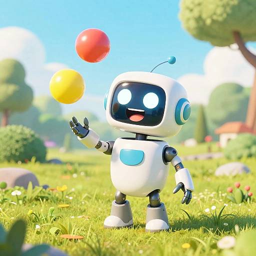 CGI image of a white, round robot with blue screen eyes, antennae, and glowing buttons, juggling colorful balls in a bright, sunny