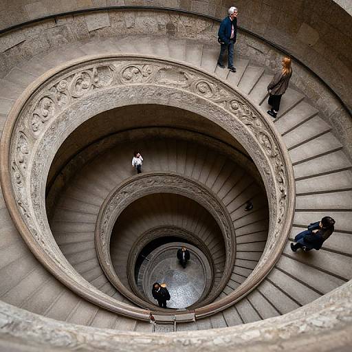 Photograph of a spiral stone staircase with intricate carvings, showing six people ascending and descending, captured from a top-down perspective.
