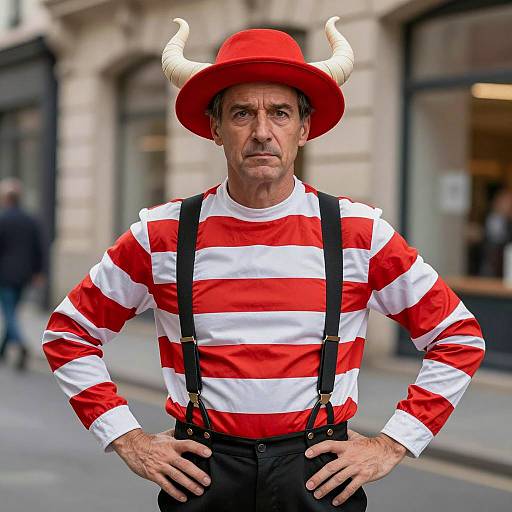 Man in Stag Jockey Costume with Red Horned Hat