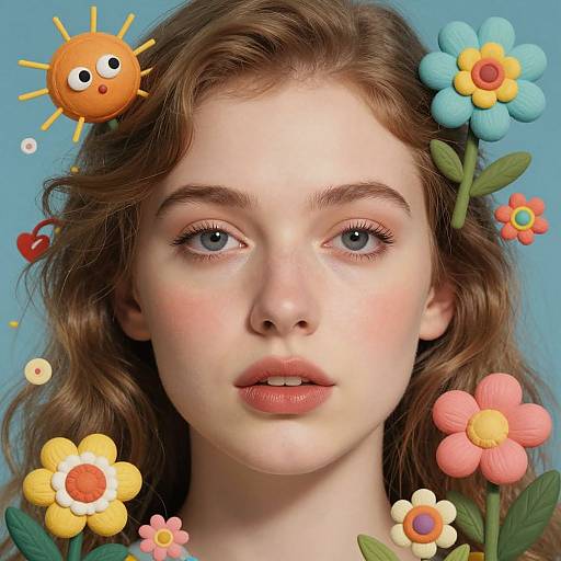 Digital portrait of a fair-skinned, blue-eyed young woman with wavy brown hair, adorned with colorful, cartoonish flowers and a smiling sun against