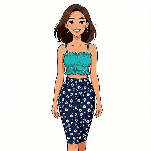 Digital illustration of a smiling woman with shoulder-length brown hair, wearing a turquoise off-shoulder top and navy floral pencil skirt.