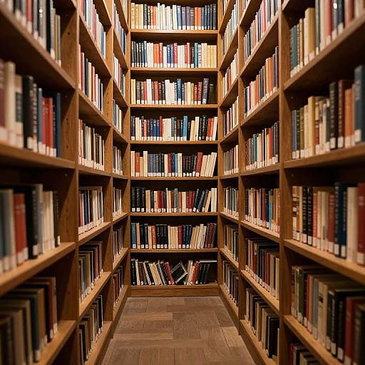 Photograph of a narrow, wooden bookshelf-lined corridor with colorful books neatly arranged, creating a symmetrical, vanishing-point perspective. Warm, inviting