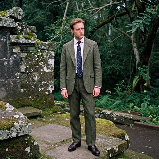 Photograph of a handsome, young Caucasian man in a green checkered suit, white shirt, and blue patterned tie, standing in a moss-covered