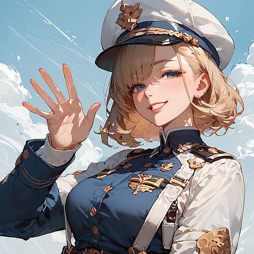 Digital anime-style illustration of a blonde woman with blue eyes, wearing a white naval hat and blue uniform with gold accents, waving against a bright blue sky