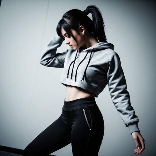 Young Woman in Gray Cropped Hoodie and Black Leggings
