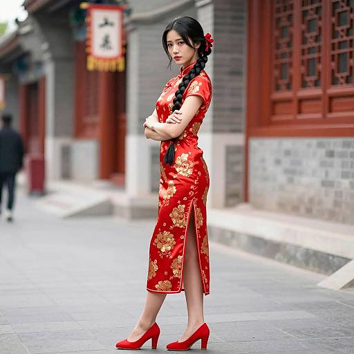 Elegant Red Cheongsam in Traditional Setting