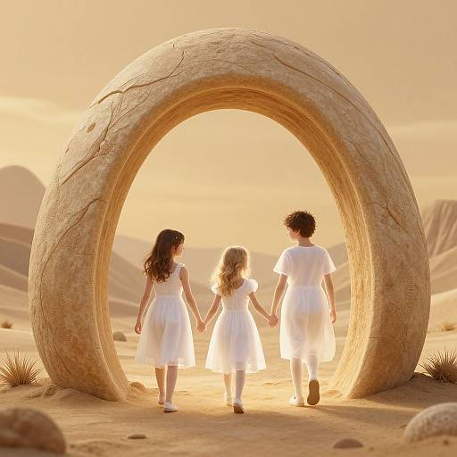 Photograph of three children in white dresses holding hands through a large, circular stone arch in a sandy desert at sunset.