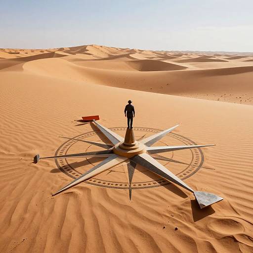 Photograph of a lone figure standing on a metal compass rose in a vast, sunlit desert with rippled sand dunes.