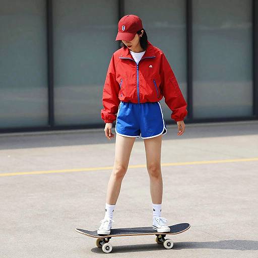Woman Standing on Skateboard in Sporty Outfit