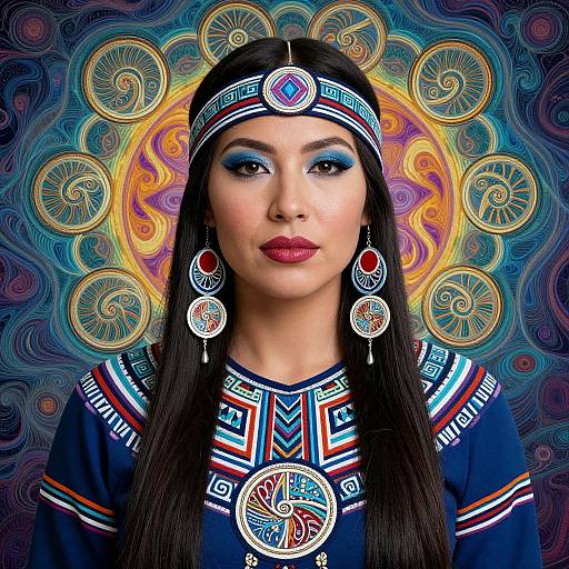 Photographic portrait of a woman with long black hair, blue eyeshadow, red lipstick, wearing intricate headpiece and jewelry, colorful geometric patterned