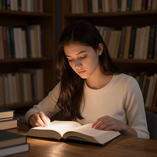 Photograph of a young woman with long dark hair, wearing a white sweater, reading a book under a desk lamp in a dimly lit library.