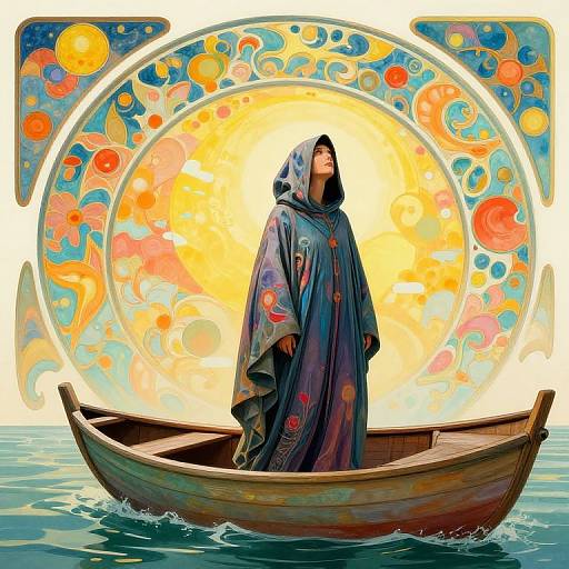 Digital painting of a hooded figure in a blue cloak standing in a wooden boat, surrounded by vibrant, swirling celestial patterns and a large, glowing yellow