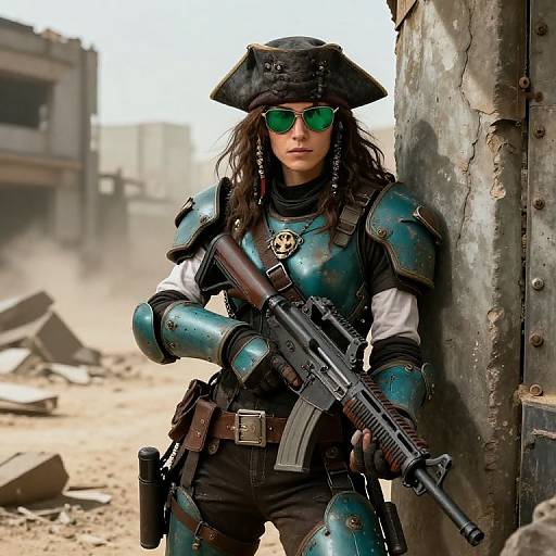 Photorealistic digital image of a fierce, green-eyed woman in pirate-style armor, holding a rifle, standing in a dusty, ruined urban landscape.