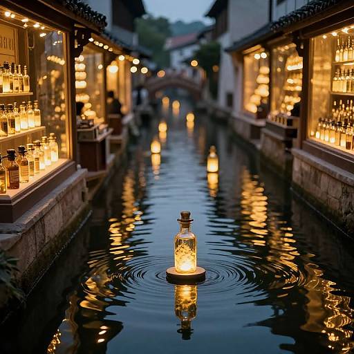 Photograph of a narrow, illuminated canal at dusk, with a glowing bottle floating in the water, surrounded by warmly lit shop windows.