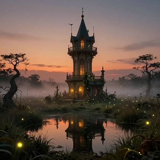 Photograph of a Gothic-style, tower-like house at sunset, reflected in a calm pond, surrounded by mist, glowing fireflies, and twisted trees