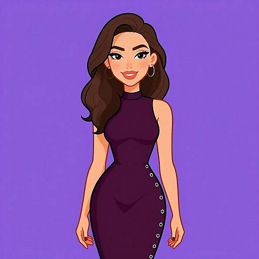 Digital illustration of a smiling woman with long brown hair, wearing a sleeveless black dress with silver buttons, against a purple background.
