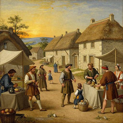 Renaissance-style painting of a village market at sunset, featuring villagers in period clothing, selling and buying goods, with thatched-roof cottages