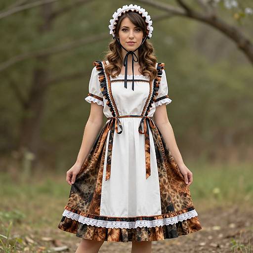 Photograph of a young woman with wavy brown hair, wearing a white maids' dress with leopard print accents, black lace trim, and a