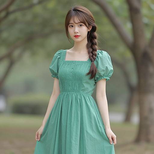 Photograph of an Asian woman with fair skin and long brown hair in a braid, wearing a green, short-sleeved, square-neck dress