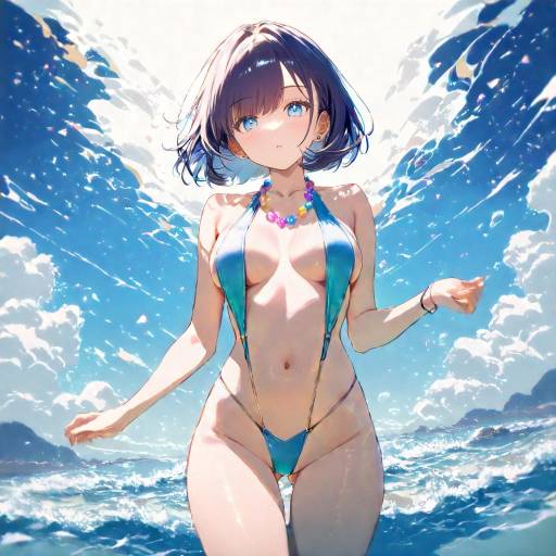 Charming Girl in Vibrant Swimsuit by Shore Charming Girl in Vibrant Swimsuit by Shore