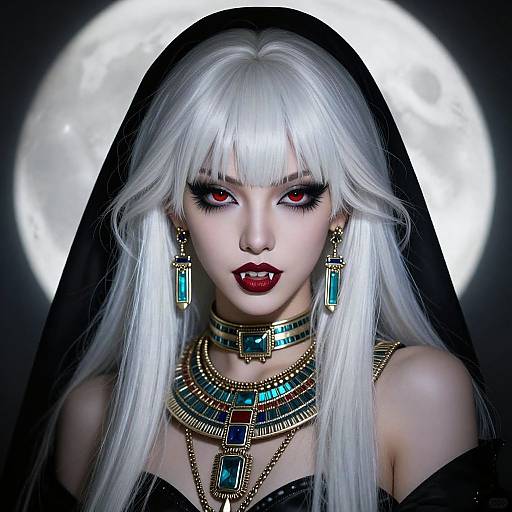Digital gothic portrait of a pale woman with long white hair, red eyes, dark lipstick, wearing a black veil, turquoise jewelry, and a detailed