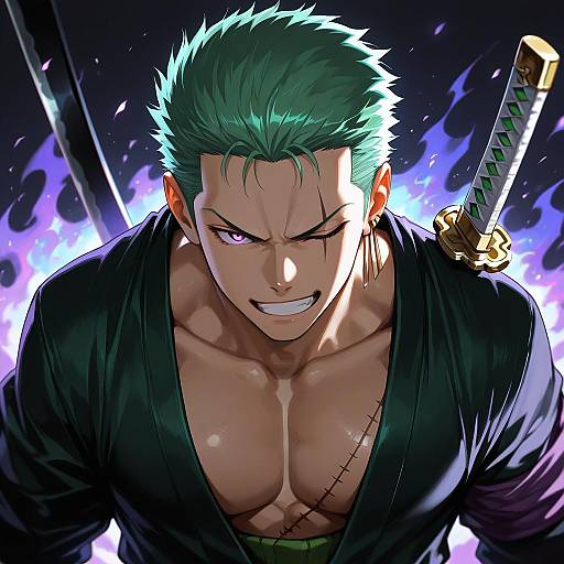 Angry One-Eyed Swordsman in Purple Fire