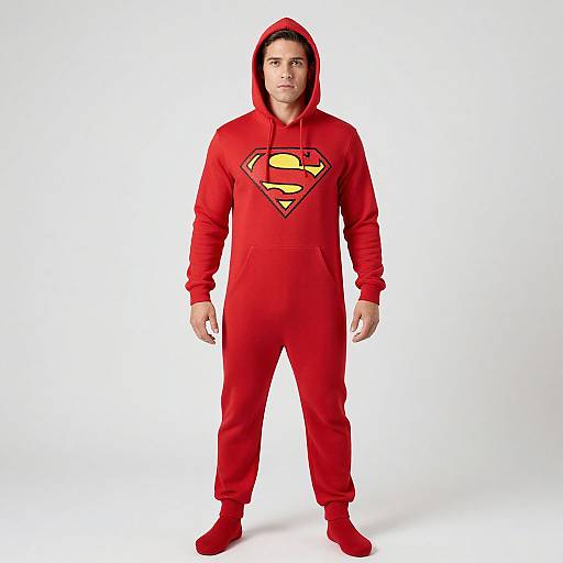 Photograph of a man wearing a red Superman onesie with hood, featuring the iconic Superman logo on the chest, standing against a plain white background.
