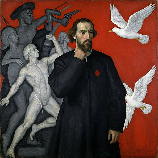 Photorealistic painting of a bearded man in black robe with red dot, flanked by gray, muscular figures and white doves against red background