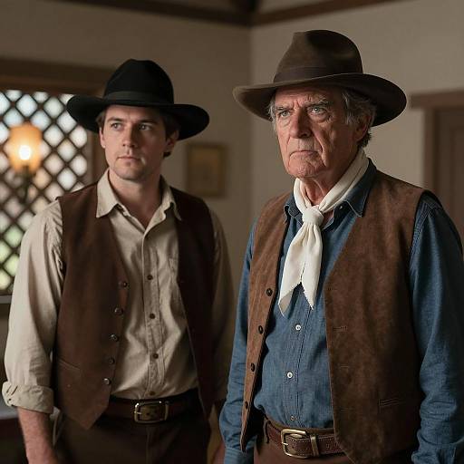 Western Duo in a Dimly Lit Room