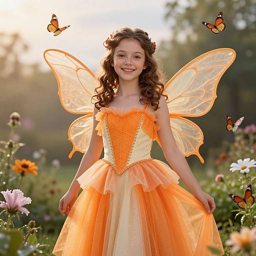 Photograph of a smiling young girl with curly brown hair, wearing an orange and yellow fairy dress with translucent wings, surrounded by butterflies in a sunlit