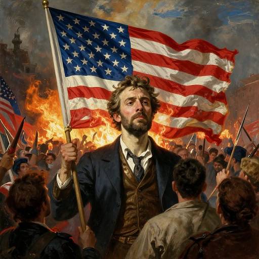 Photograph-style digital painting of a bearded man with curly hair holding an American flag amidst a chaotic battlefield with flames and soldiers in the background.