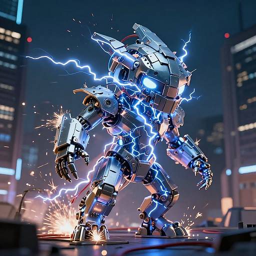 CGI image of a glowing, blue-lit, robotic warrior with electric sparks, standing in a dark, futuristic cityscape at night.