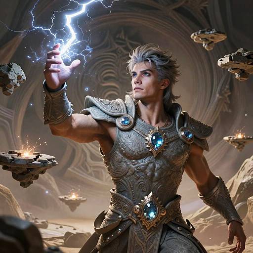 Digital artwork of a muscular, silver-haired warrior with glowing blue gem armor, summoning lightning in a mystical, floating-island world.