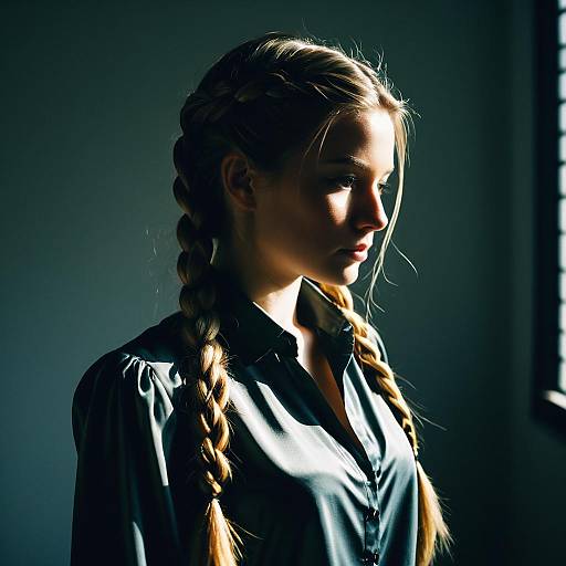 Young Woman with Four-Strand Braids and Silk Blouse