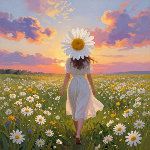 Photograph of a woman in a white dress, with a large white daisy as a head, walking through a sunlit field of daisies