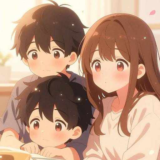 Anime-style digital drawing of three young characters with large eyes and soft expressions; a brown-haired girl, and two black-haired boys, sitting closely together.