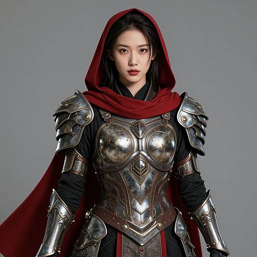 Photorealistic portrait of an Asian woman in medieval armor with shiny silver plates, red hooded cape, and black shirt, standing against a gray background
