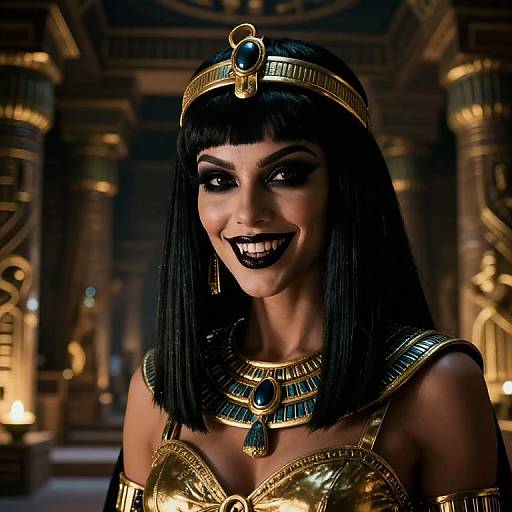 Photograph-style digital artwork of an Egyptian goddess with black lipstick, straight black hair, gold headdress, and necklace, smiling in a dimly lit