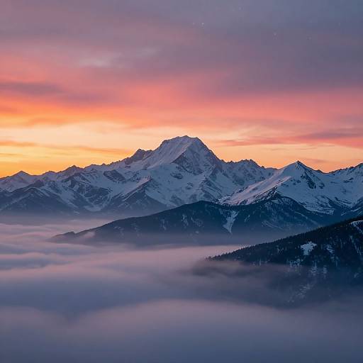 Photograph of a snow-capped mountain range at sunset, with vibrant orange and pink sky, silhouetted peaks, and mist-covered valleys below