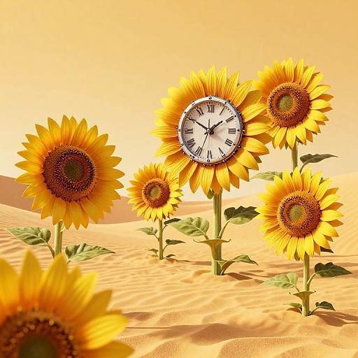 Photograph of five vibrant sunflowers with a clock face replacing one center, set against a golden desert backdrop with sand dunes.