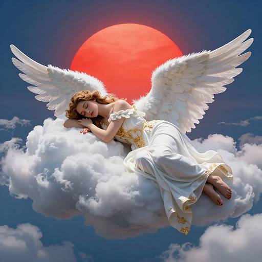 Digital artwork of a serene angelic woman with white wings, red sun, and flowing white gown, resting on a fluffy cloud.