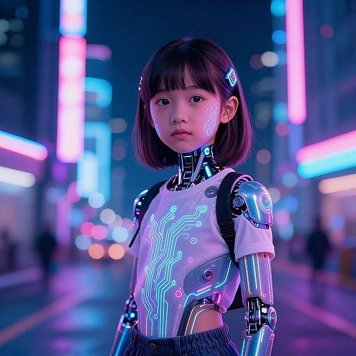 Cyberpunk photo of a young Asian girl with a neon-lit robotic chest, standing in a brightly lit, neon-filled city street at night.