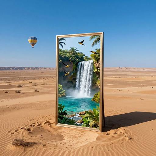 Photorealistic image of a mirror in a desert, reflecting a waterfall, palm trees, and blue sky, with a hot air balloon above.